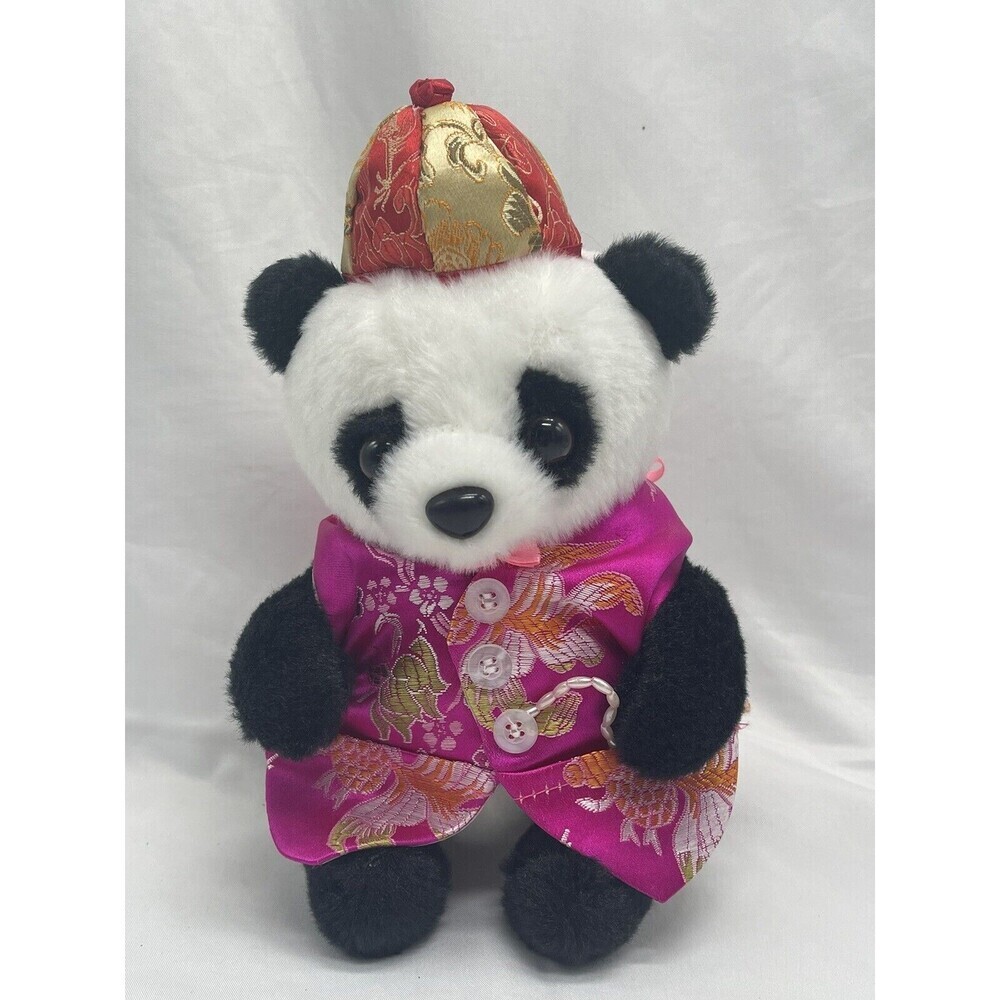 Panda Bear With Pink Tang Suit Gold Red Hat  Plush Stuffed Animal Soft Toy 7''